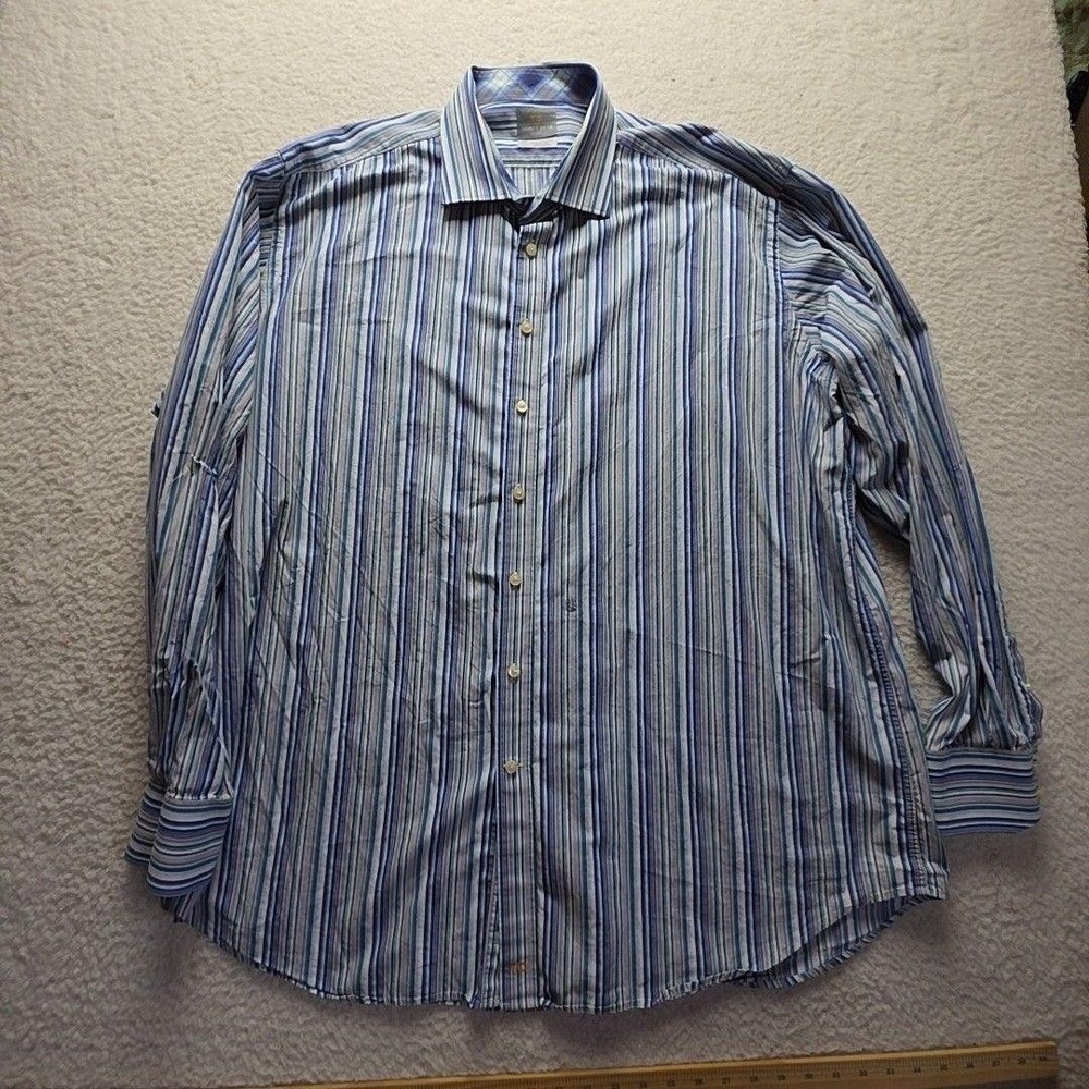 Thomas Dean Dress Shirt Mens 3XLT Blue Stripe Classic Fit Cotton Long Sleeve